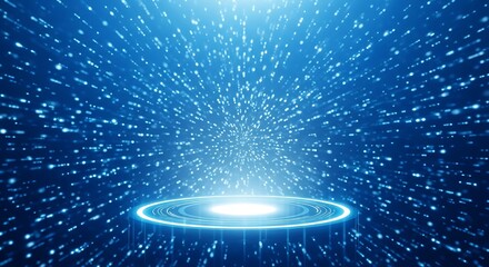 A radiant blue stage with a central platform and shimmering particles evokes a sense of wonder and technological advancement, perfect for showcasing