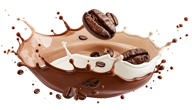 Coffee beans splashing into a creamy, split liquid; chocolate and milk
