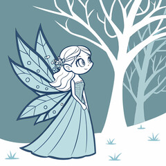 Illustration of a fairy in a blue dress standing in a winter forest scene