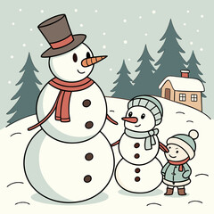 Illustration of a snowman family in a snowy landscape with a house