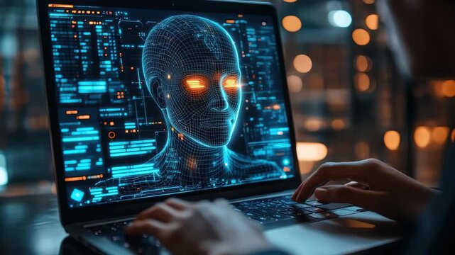 Exploring digital human representation through advanced technology in a modern workspace with illuminated screens