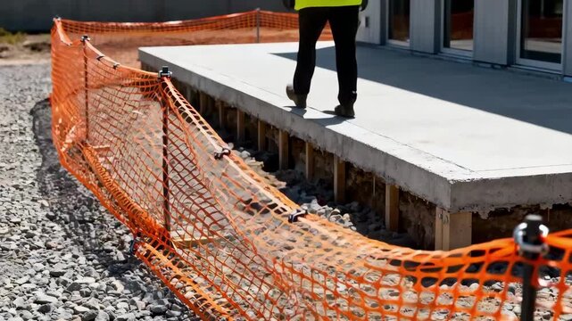 Perimeter safety netting stretched tightly around a building foundation designed to keep unauthorized personnel out of hazardous areas.