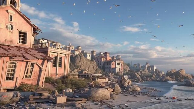 Whispers of time echo on this weathered coastal house seagulls dance above with soft morning light