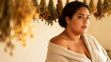 A plus size woman enjoys a spa moment surrounded by dried herbs and eco-friendly bath products. Eco spa and body positive concept