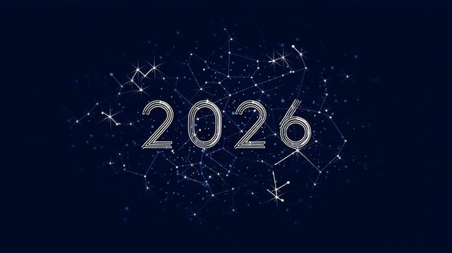 Silver 2026 numerals surrounded by constellation stars and cosmic lines on deep blue space background. Mystical New Year graphic with celestial glow and starry patterns. Elegant festive design for hol