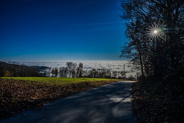 Ein sonniger Morgen über dem Nebelmeer an einem ruhigen Wanderweg