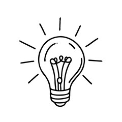 Minimalist Black And White Glowing Light Bulbs Collection, Symbol Bright Idea Lightbulb Line art. Illustration Energy power electricity Outline illumination Hand Drawn Doodle Simple icons drawing