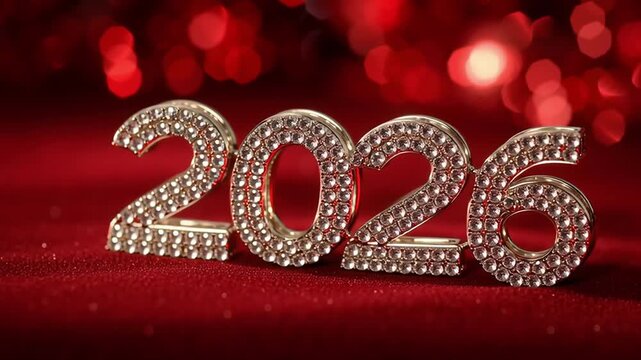 Diamond-studded golden 2026 numerals on red satin fabric with bokeh reflections. Luxurious New Year emblem with crystal facets and radiant luxury. Sophisticated festive art for events, jewelry, and pr
