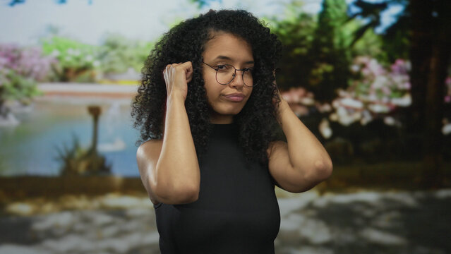 Woman with glasses and curly hair covers her ears in a sunny green park beside a pond and blossoming trees; frustration.