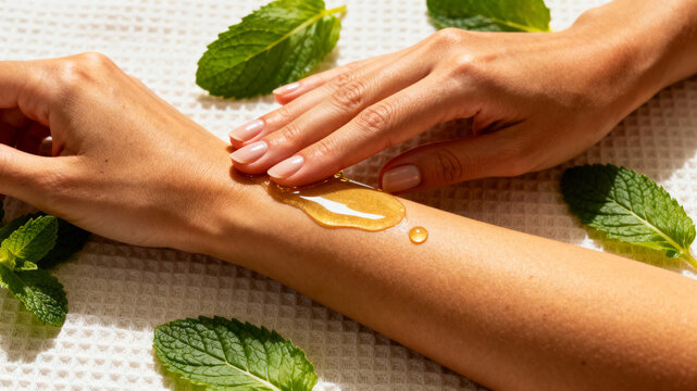 Hands apply a soothing mixture of honey and mint leaves on the skin for a revitalizing organic spa experience. Eco spa concept