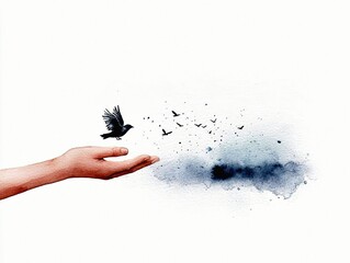 A human hand is open, releasing a flock of small black birds into a watercolor wash of blue and grey clouds.
