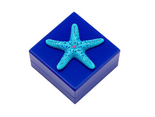 Blue starfish decorates square blue gift box, creating playful and ocean inspired presentation, perfect for beach themed celebrations or summer events, evoking cheerful mood