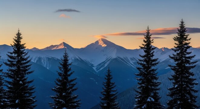 Mountain range with snowy peaks at dusk framed by evergreen trees - Powered by Adobe