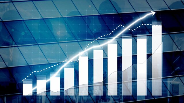 This image showcases a dynamic business growth graph with an upward arrow against a modern glass background, symbolizing financial success and strategic planning. Copula