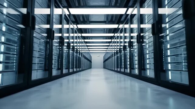 Server: Long corridor in a modern data center with rows of digital network racks pulsing, facilitating global information storage and cloud technology. No people. - Powered by Adobe