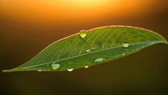 A Green Leaf Adorned with Sparkling Droplets, Illuminated by Warm Light.