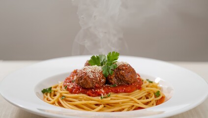 Fototapeta premium A Plate of Golden Noodles Topped with Round Portions and Red Sauce, Sprinkled with Herbs.