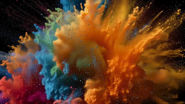 Explosion of colorful powder forming a treble clef shape on black background, symbolizing creativity, music energy, and artistic expression