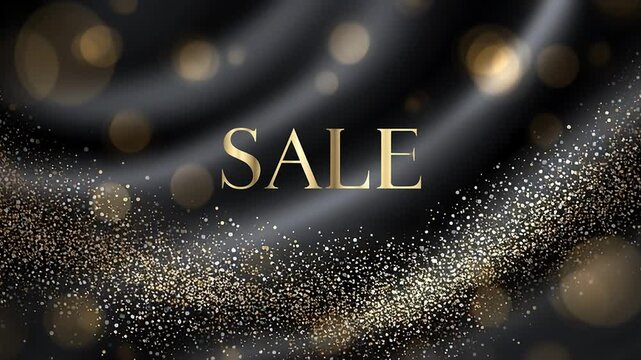 Golden 'SALE' text with sparkling glitter trails on dark silk fabric background. Elegant New Year discount promotion with luxurious shimmer and festive particles. Sophisticated graphic for holiday sal