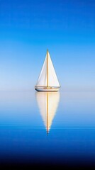 A single sailboat with white sails is centered on a vast, calm body of water, its reflection creating a symmetrical image.