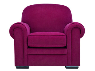 Purple armchair, upholstered in soft fabric, features plush cushioning and rounded armrests, perfect for living room or lounge, offering comfort and modern style