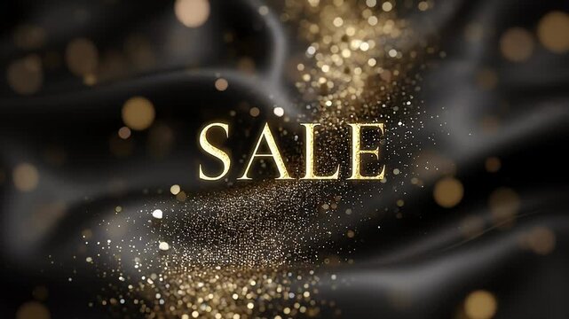 Golden 'SALE' text with sparkling glitter trails on dark silk fabric background. Elegant New Year discount promotion with luxurious shimmer and festive particles. Sophisticated graphic for holiday sal