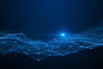 Futuristic digital network with glowing blue data lines and nodes on a dark background, perfect for tech and innovation themes. 3d Rendering.