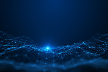 Futuristic digital network with glowing blue data lines and nodes on a dark background, perfect for...