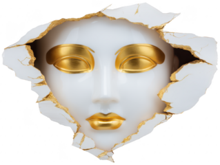 White mask with gold eyes and lips breaking through cracked wall, surreal and mysterious, modern art concept, dramatic and emotional expression