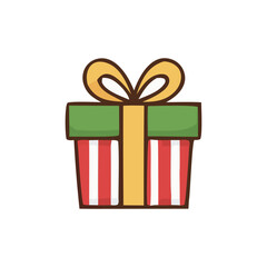 Cute Christmas gift box with red and green ribbon, festive cartoon vector illustration.
