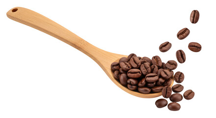 Roasted coffee beans spilling dynamically from a rustic wooden spoon, creating a lively and energetic composition ready for use.