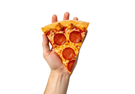 Delicious Pepperoni Pizza Slice Held Up High Ready to Eat, Perfect for Menu Designs, Food Blogs, and Social Media Promotions, Appetite Appeal