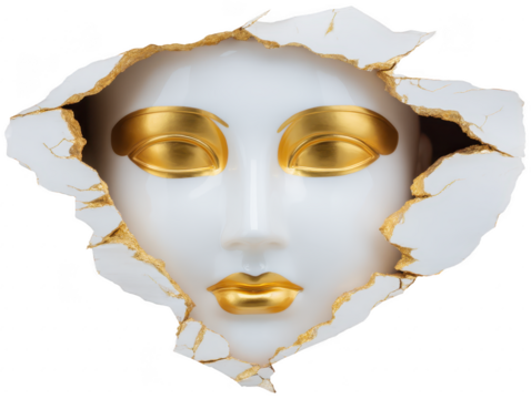 White mask with gold eyes and lips breaking through cracked wall, surreal and mysterious, modern art concept, dramatic and emotional expression