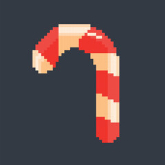 Pixel art candy cane. Striped Christmas candy cane pixel icon. Vector illustration. 