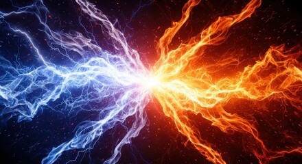Abstract cosmic collision of fiery orange and electric blue lightning energy