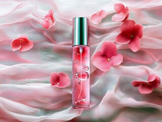 A cosmetic bottle with pink liquid and flower petals on a pink fabric background.
