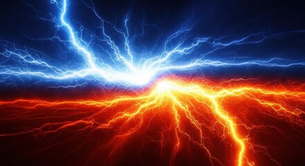 Intense cosmic clash of blue and orange lightning bolts illuminating the dark sky