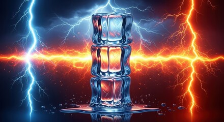 Tower of ice cubes illuminated by contrasting blue and orange lightning bolts in a dramatic display