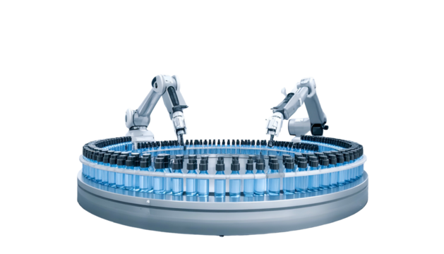 Robotic arms filling vials on a circular conveyor belt in a pharmaceutical setting