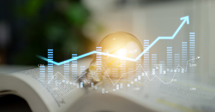 A creative representation of data visualization featuring a glowing light bulb and financial graphs, symbolizing innovation, business growth, and strategic insights in a modern workspace. Scalp