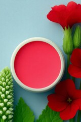 A bright pink cosmetic cream or makeup is presented in a white container, artfully arranged with red flowers and green leaves against a soft blue backdrop.