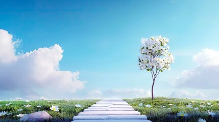 A tranquil landscape featuring a stone path winding through a grassy field dotted with white flowers, leading to a lone tree in full bloom.
