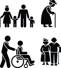 Multigenerational life stages and care stick figures icons set