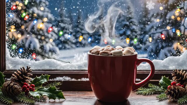 Cozy Christmas Cocoa by the Window - A steaming red mug filled with hot chocolate and marshmallows sits on a wooden windowsill next to pinecones and holly.