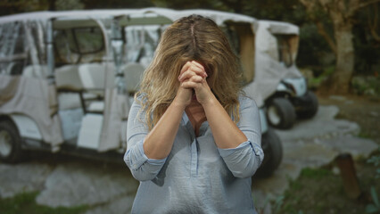 Woman blonde with hands clasped in prayer, eyes closed, standing near parked golf cart in forest; hope reflection.