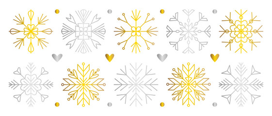 Gold and silver snowflake set, shiny gradient golden and chrome snow flake collection, decorative vector symbols in various shapes, glossy line winter cliparts