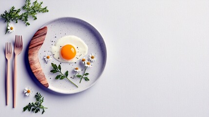 A beautifully presented fried egg on a plate, adorned with delicate flowers and greenery, accompanied by cutlery, suggesting a light meal.