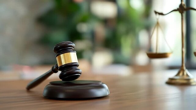 Wooden gavel and traditional scales representing law and impartiality