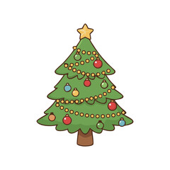 Cute decorated Christmas tree with ornaments and star, flat festive cartoon vector illustration.
