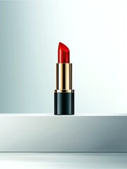 A close-up studio shot of a vibrant red lipstick with a metallic gold and black case, presented on a minimalist white surface.
